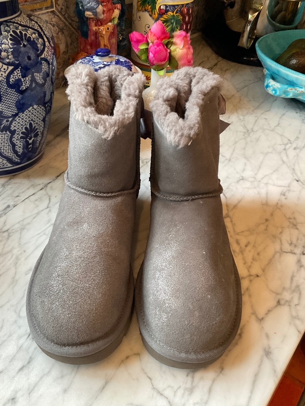 Pair of grey shimmer Bailey Ugg boots with satin bow detail, 8 m unworn
